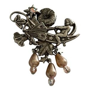 Vintage Kirks Folly Dangle Pearl Brooch Crystal Silver Tone Fairy Flower Moon
